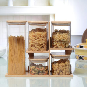 طقم بهارات زجاج وخشب – عدد 5 قطع