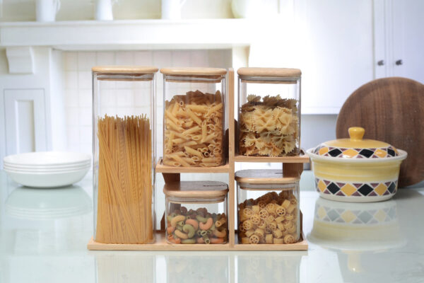 طقم بهارات زجاج وخشب – عدد 5 قطع